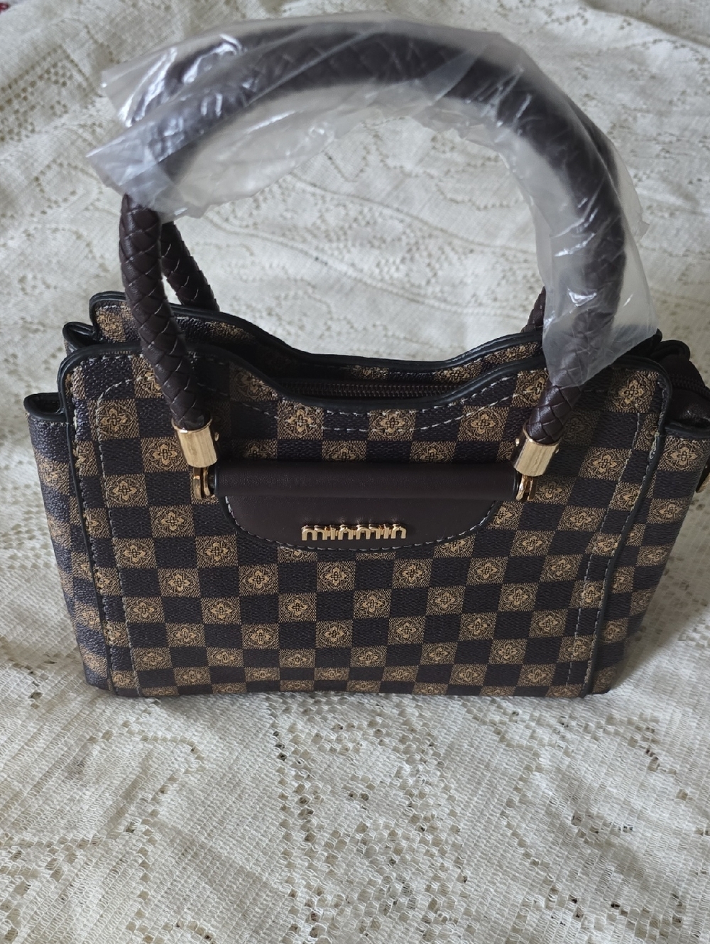 Brown Checkered Handbag with Braided Handles